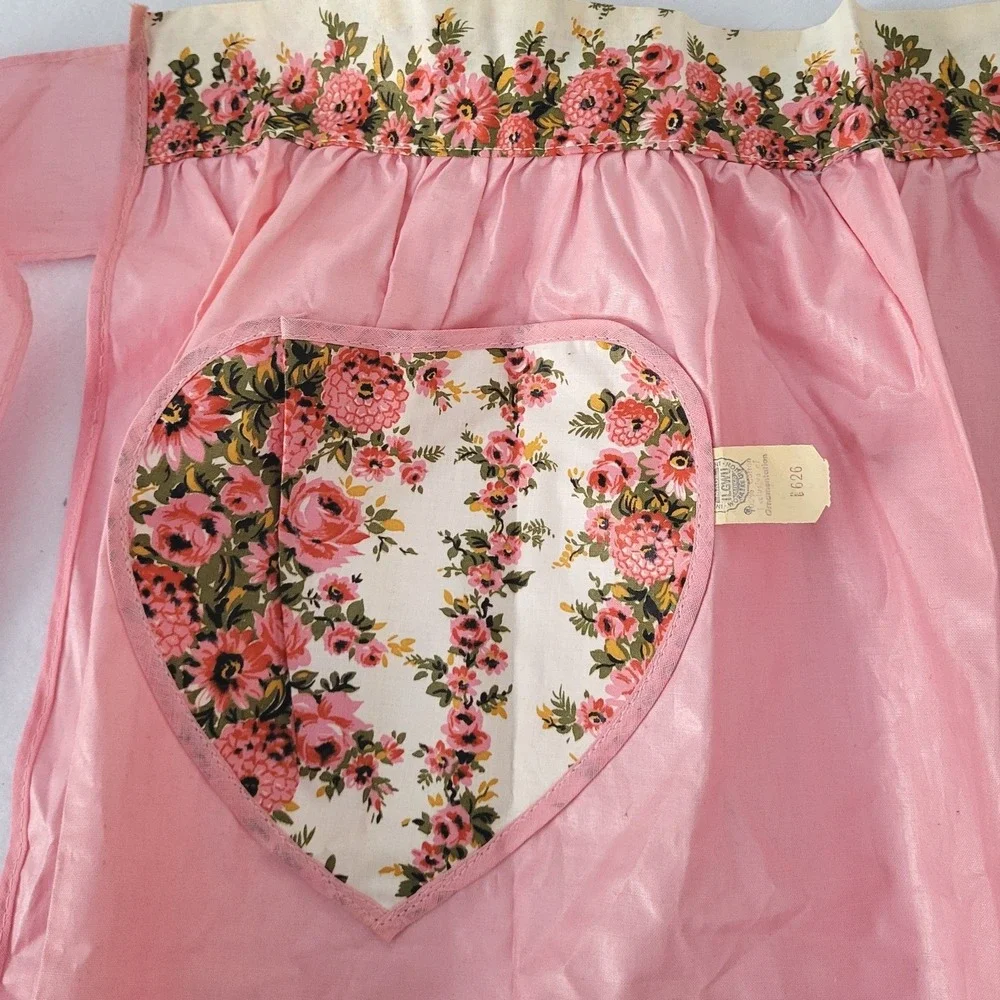 Vintage NOS Kitchen Apron Union Tag‎ Pink Floral Heart 50's Cotton New Old Stock